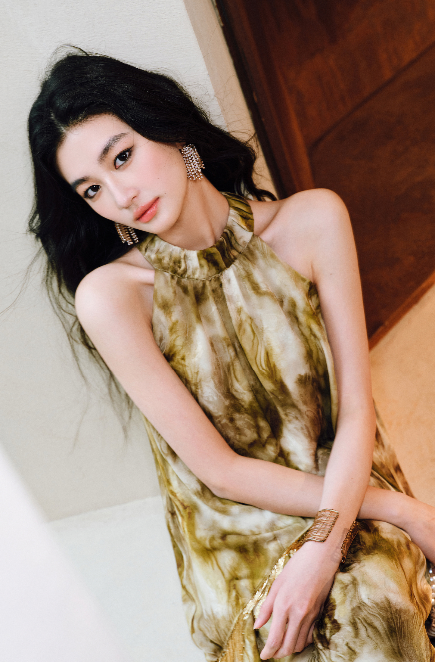 WANGXO | Satin Jacquard Beaded Tassel Halterneck Dress -LUMI.