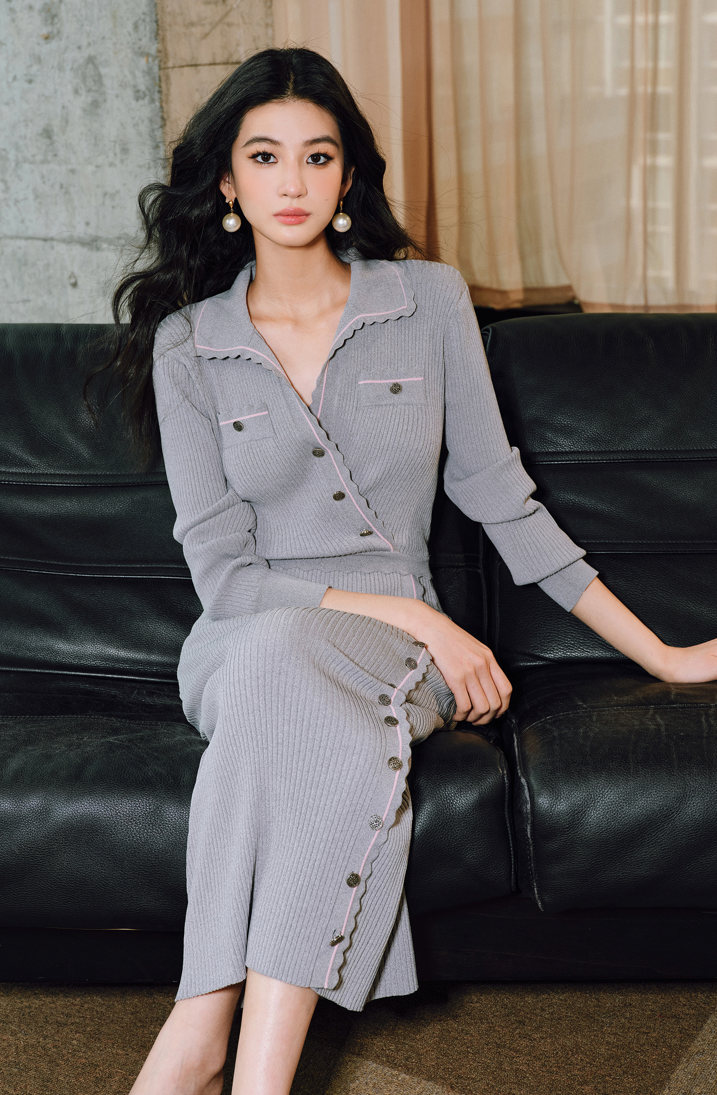 WANGXO | Custom Needle Matte Linen Stripes Slim Knitted Dress -SÉLI.