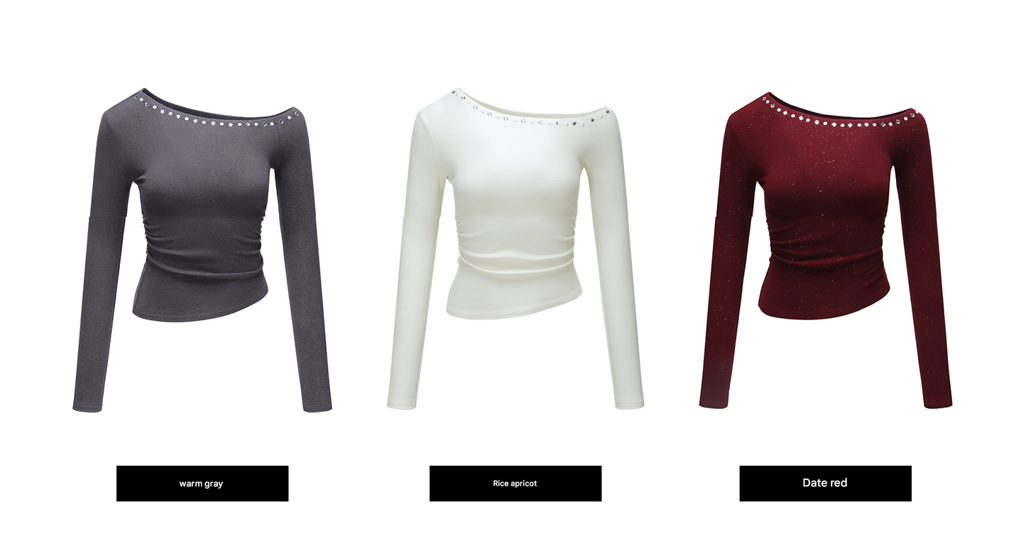 WANGXO |Silver Velvet Knit Slanted Collar Off-Shoulder Waist Top -SENA.