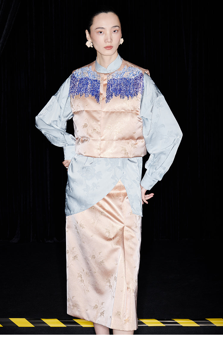 M essential Mackay designer seawater river cliff tassel beaded vest shirt skirt set- six.