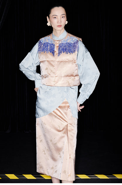 M essential Mackay designer seawater river cliff tassel beaded vest shirt skirt set- six.