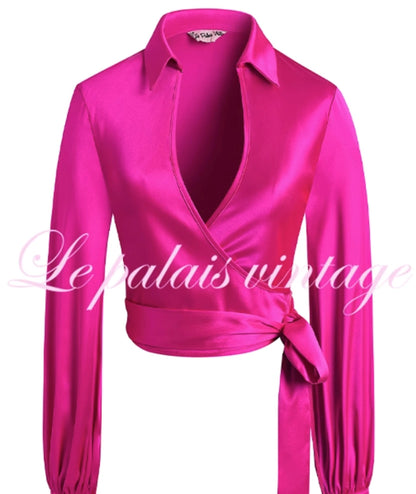 Le Palais Vintage Elegant Barbie Pink Silk Shirt High-Waist Wide-leg Pants-Kate
