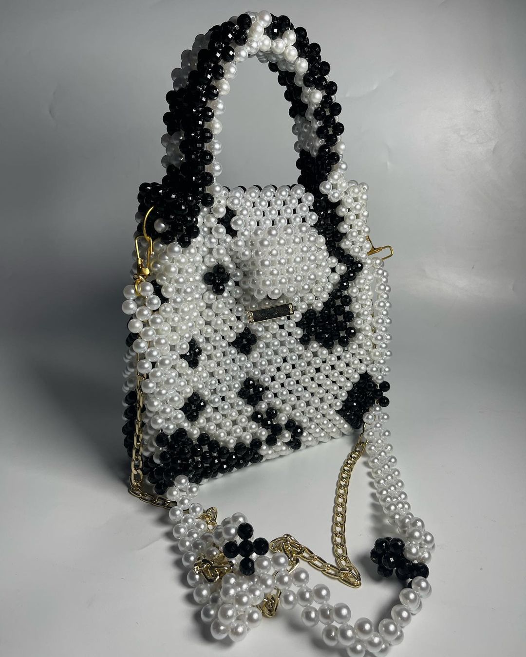 Luxury Handmade multi black white pearl beaded purse bag - CRUELLA