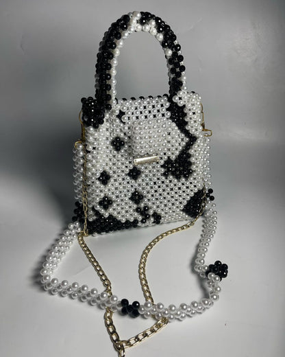 Luxury Handmade multi black white pearl beaded purse bag - CRUELLA