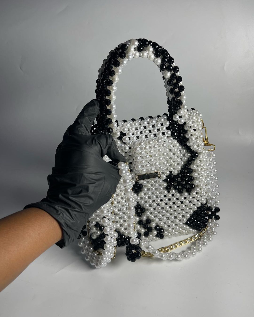 Luxury Handmade multi black white pearl beaded purse bag - CRUELLA