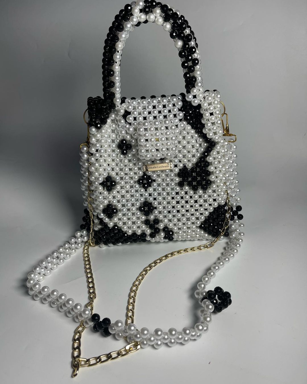 Luxury Handmade multi black white pearl beaded purse bag - CRUELLA