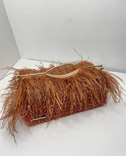 Luxury Handmade Brown crystal beaded feather clutch bag -  DONNA