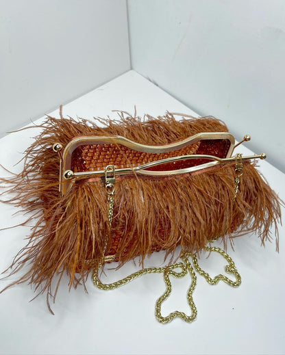 Luxury Handmade Brown crystal beaded feather clutch bag -  DONNA