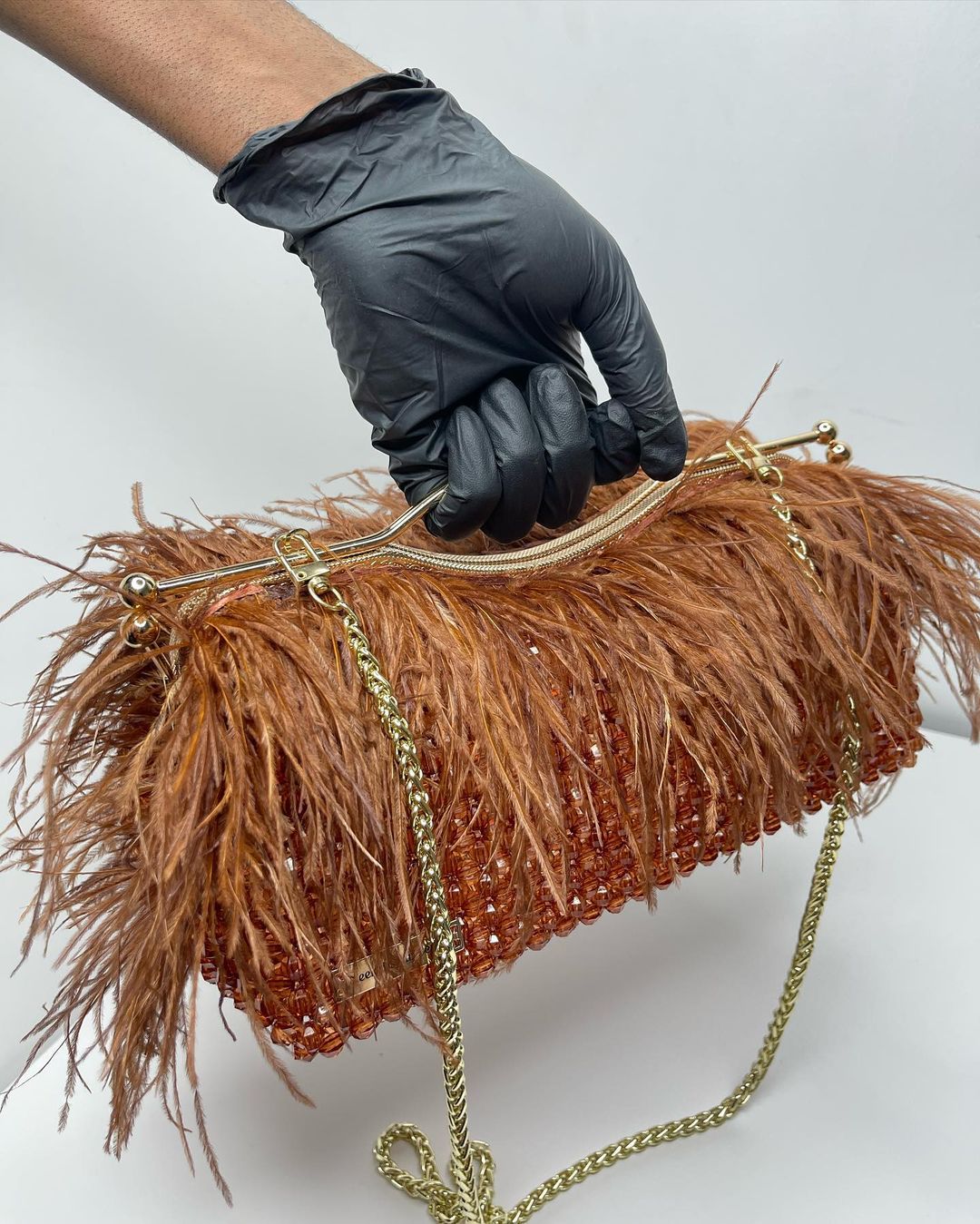 Luxury Handmade Brown crystal beaded feather clutch bag -  DONNA