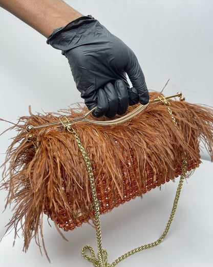 Luxury Handmade Brown crystal beaded feather clutch bag -  DONNA