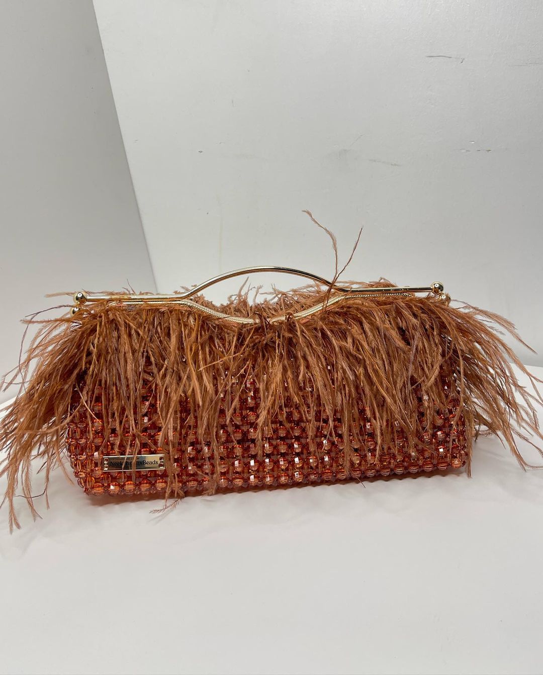 Luxury Handmade Brown crystal beaded feather clutch bag -  DONNA