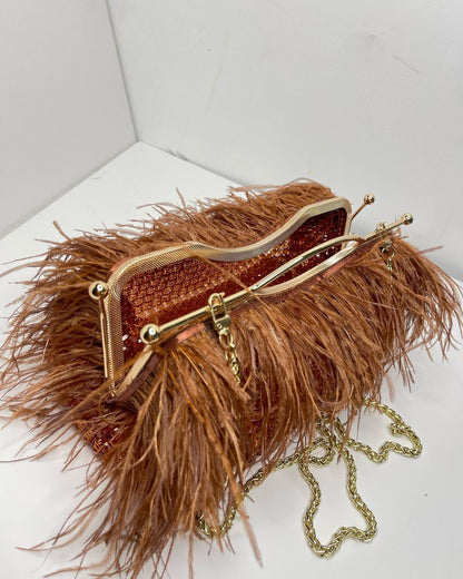 Luxury Handmade Brown crystal beaded feather clutch bag -  DONNA
