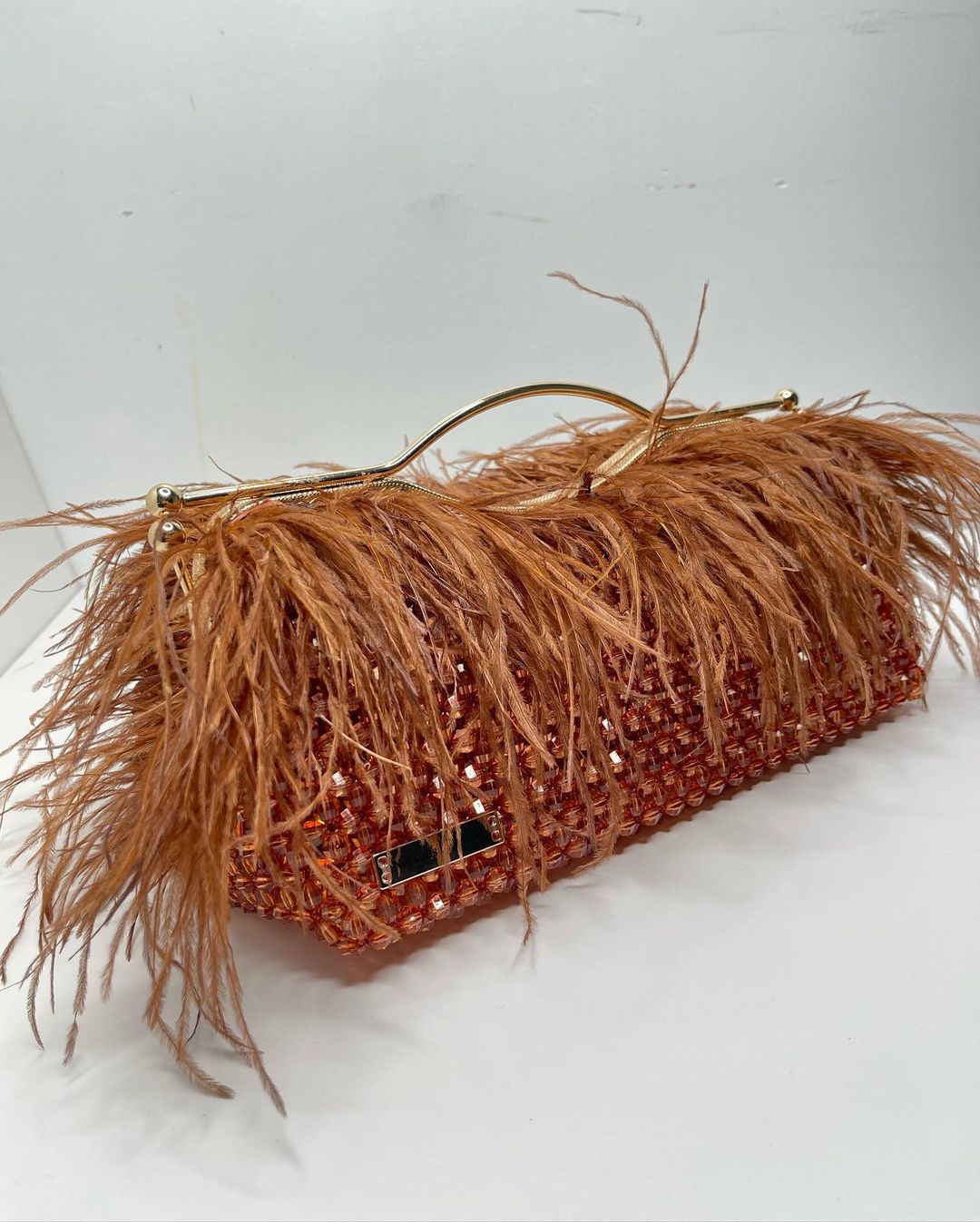 Luxury Handmade Brown crystal beaded feather clutch bag -  DONNA