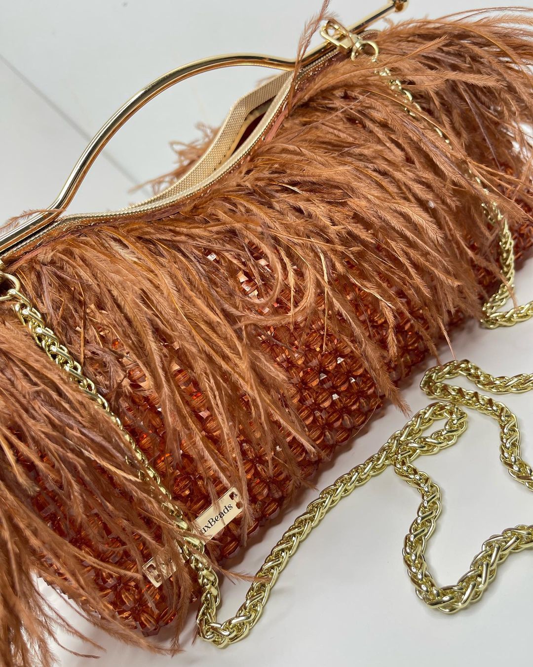 Luxury Handmade Brown crystal beaded feather clutch bag -  DONNA