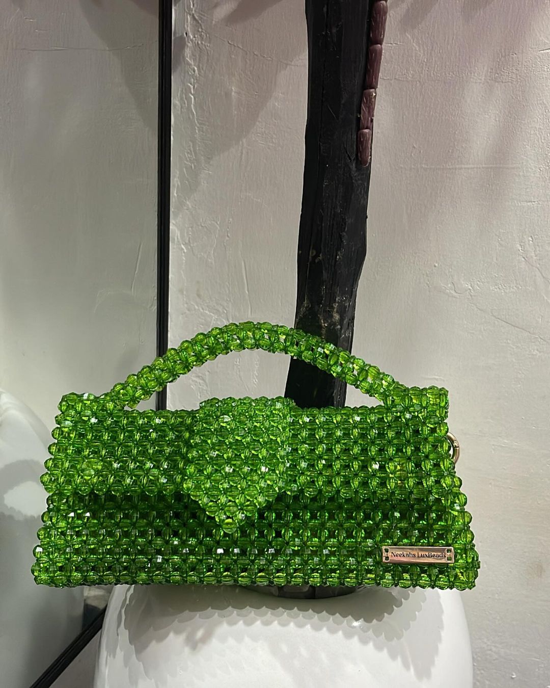 Luxury Handmade fern green crystal beaded purse bag - JACQUEMUS