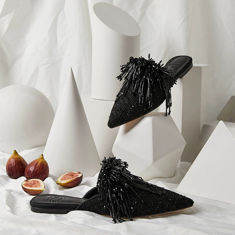 B-FEI imported woolen handmade beaded black plus-size mules-BITC.