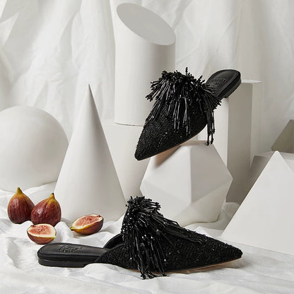 B-FEI imported woolen handmade beaded black plus-size mules-BITC.