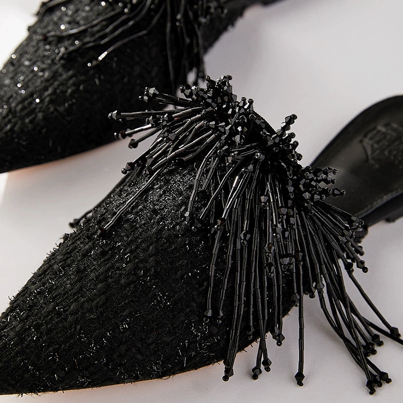 B-FEI imported woolen handmade beaded black plus-size mules-BITC.