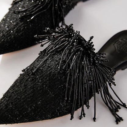 B-FEI imported woolen handmade beaded black plus-size mules-BITC.