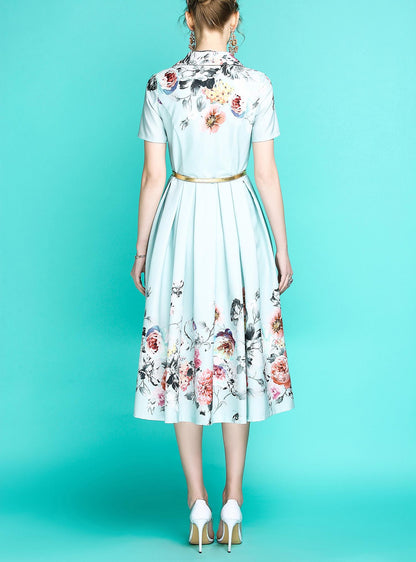 Audrey Hepburn retro pastel blue floral printed short sleeve 1950's midi full swing dress - Roman