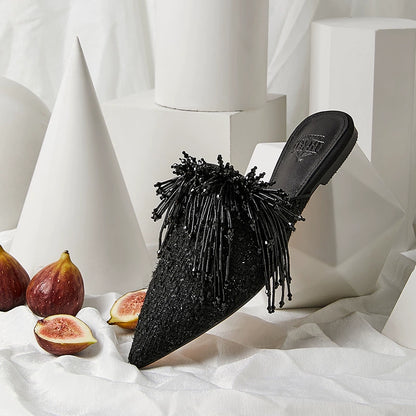 B-FEI imported woolen handmade beaded black plus-size mules-BITC.