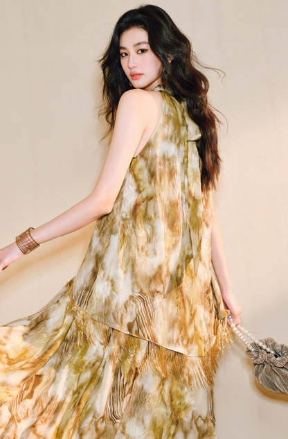 WANGXO | Satin Jacquard Beaded Tassel Halterneck Dress -LUMI.