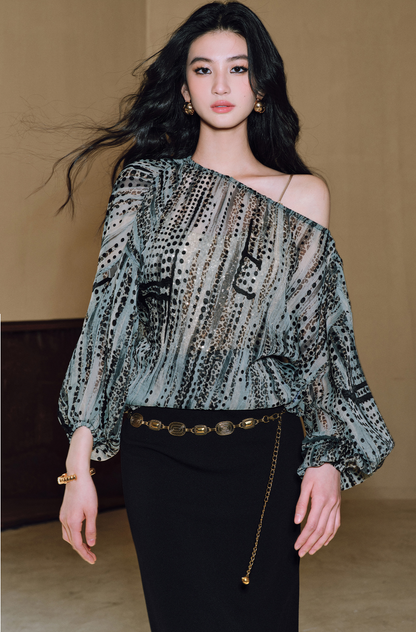 WANGXO | Sheer Silk French Retro Leopard & Polka Dot Loose Top -LYRA.