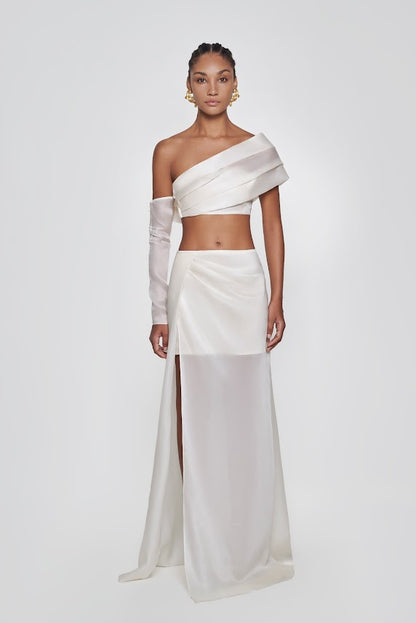 Tonyy one shoulder goddess front slit white gown - Translucent