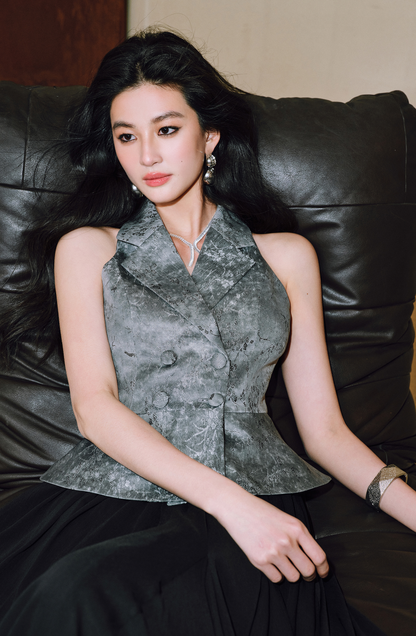 WANGXO Plum Steel Jacquard Suit-Collar Umbrella Waist Vest - VEXIS.