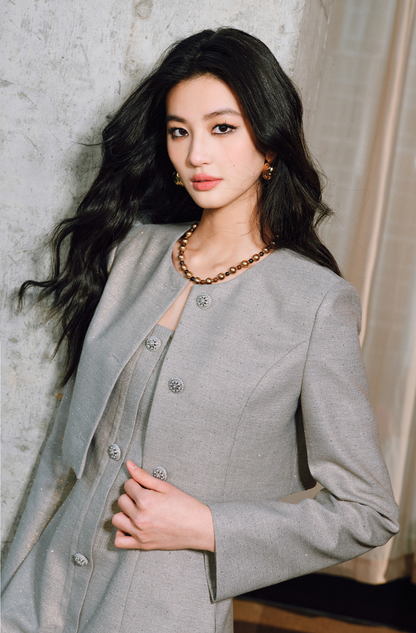 WANGXO | Silver Silk Truncated Shoulder Box Coat & Slip Dress Set -VERA.