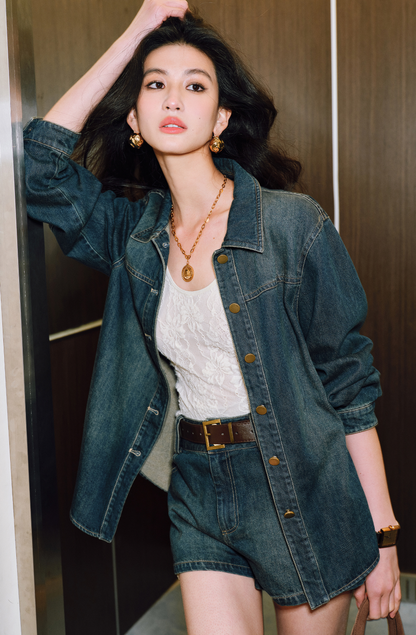 WANGXO | Sophisticated Denim Shirt & Shorts Outfit Set - LUXOR.
