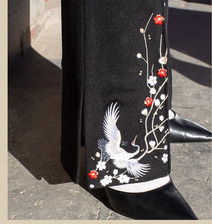 MagicQ crane plum embroidery slim wool top tweed high waist wide leg pants set - Keso