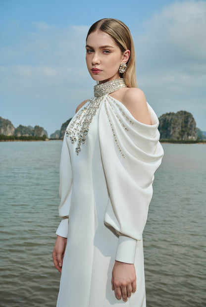 Cold-Shoulder Turtleneck Full Dress With Stone Embellishment