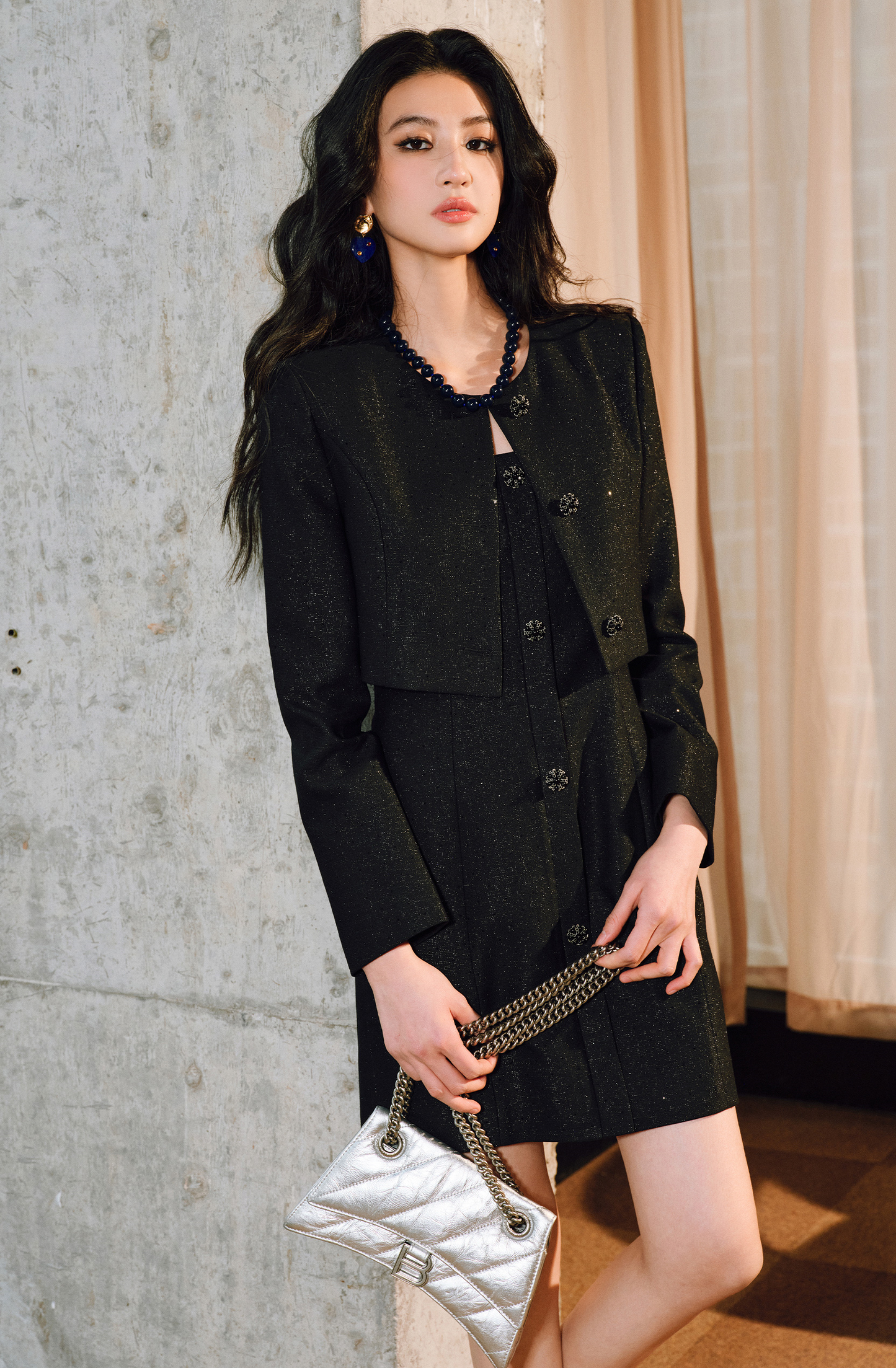 WANGXO | Silver Silk Truncated Shoulder Box Coat & Slip Dress Set -VERA.