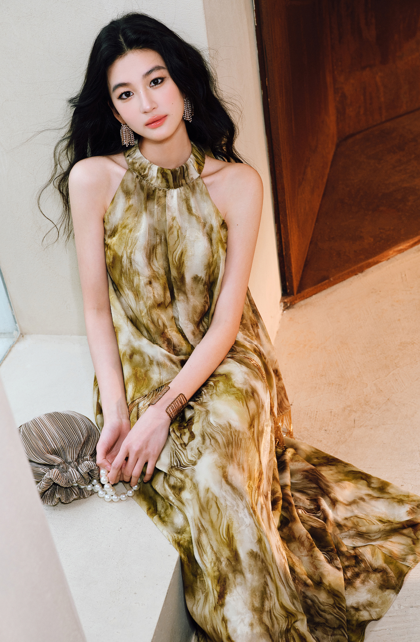 WANGXO | Satin Jacquard Beaded Tassel Halterneck Dress -LUMI.