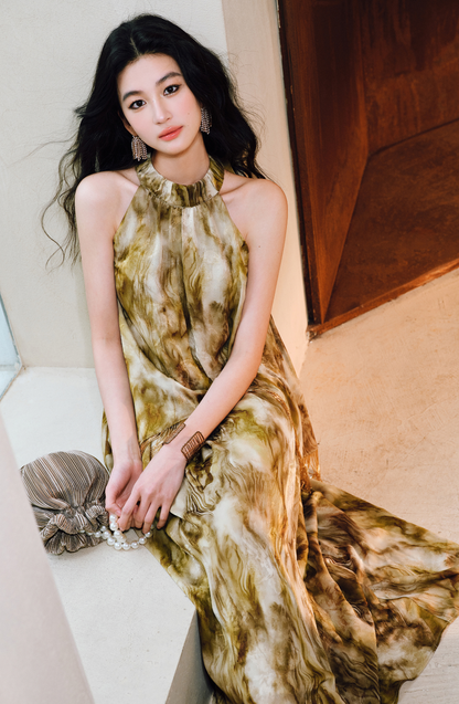 WANGXO | Satin Jacquard Beaded Tassel Halterneck Dress -LUMI.