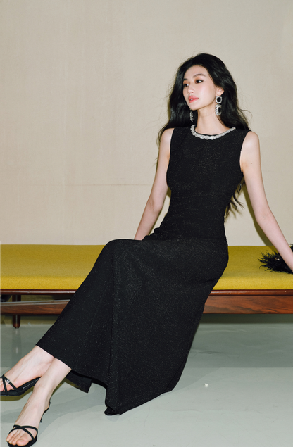 WANGXO | Sequin Silk Knit Dress with Vertical-Cut Waist A-Line Hem  SÉLI.