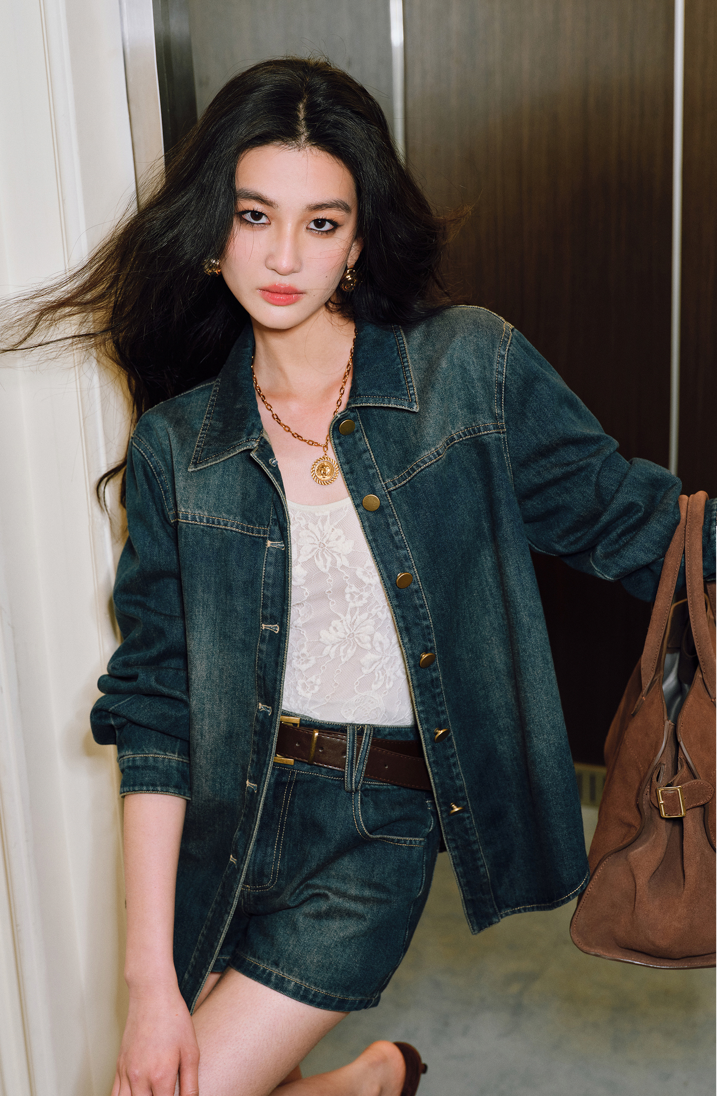 WANGXO | Sophisticated Denim Shirt & Shorts Outfit Set - LUXOR.