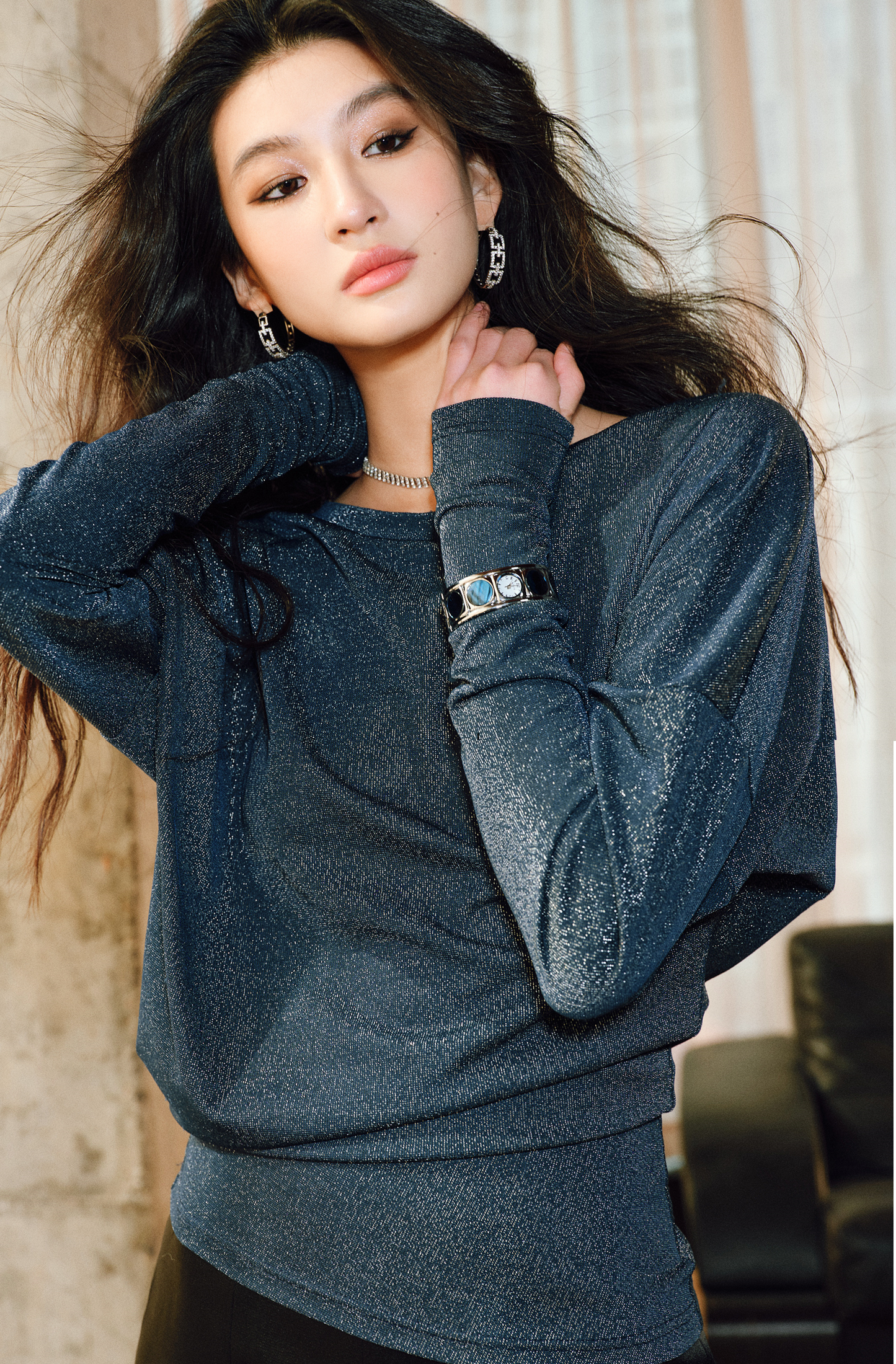 WANGXO | Filigree Knit Pleated Bat Sleeve Top -LUXA.