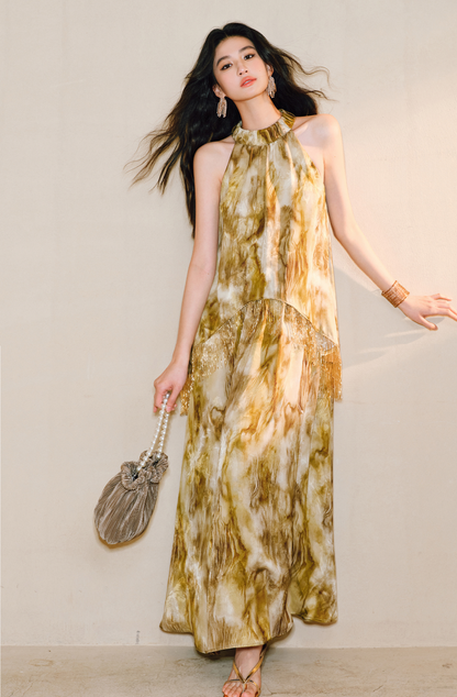 WANGXO | Satin Jacquard Beaded Tassel Halterneck Dress -LUMI.