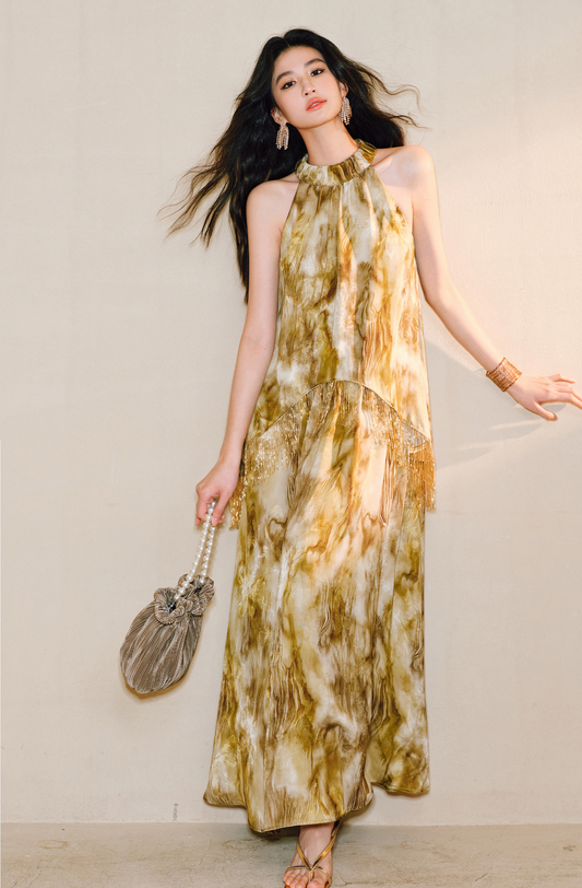 WANGXO | Satin Jacquard Beaded Tassel Halterneck Dress -LUMI.