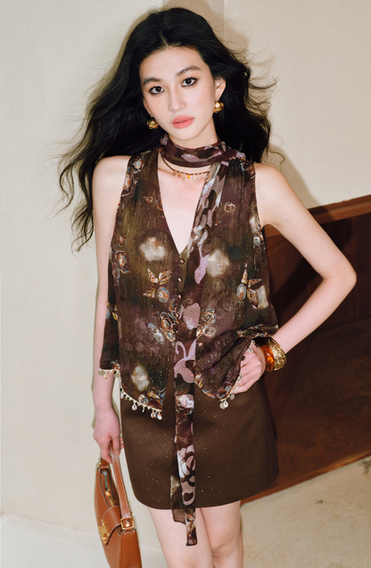 WANGXO Twill with Sequined Silk Wide Belt A-Line High-Waisted Short Skirt - NYXIE.