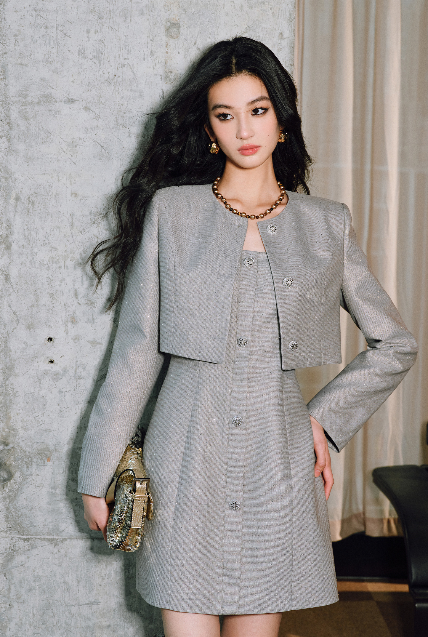 WANGXO | Silver Silk Truncated Shoulder Box Coat & Slip Dress Set -VERA.