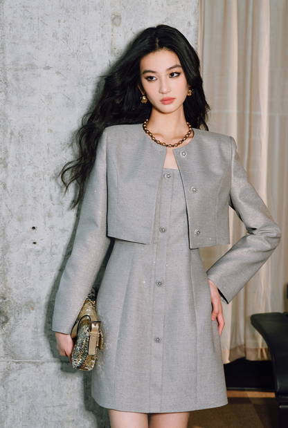 WANGXO | Silver Silk Truncated Shoulder Box Coat & Slip Dress Set -VERA.