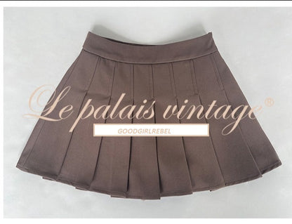 Le Palais Vintage Black Tank Top Pink and Blue Jacket Brown Pleated Skirt-Pinky
