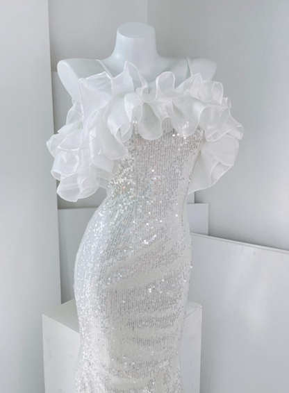 DOLLY Elegant White Off Shoulder Sequin Ruffled Tube Top Banquet Dress-ALICIA