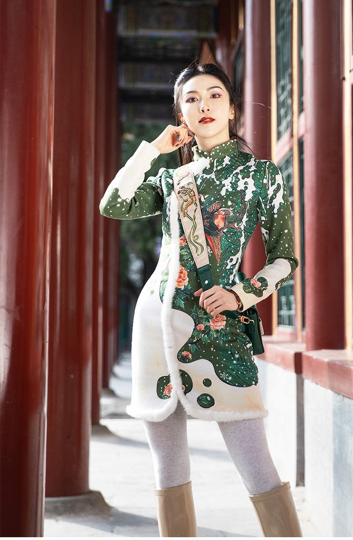 Magic Q Exclusive vintage stand up collar cheongsam mink strip print dress - Siana