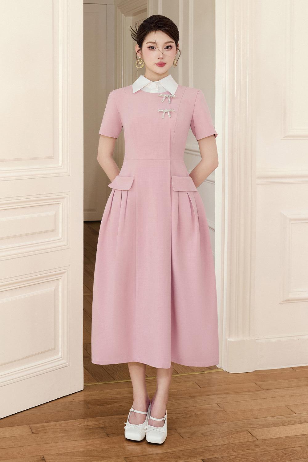 WH PLAN A-line Collared Neck Linen Cotton ruched pleat Midi Dress - Aimi
