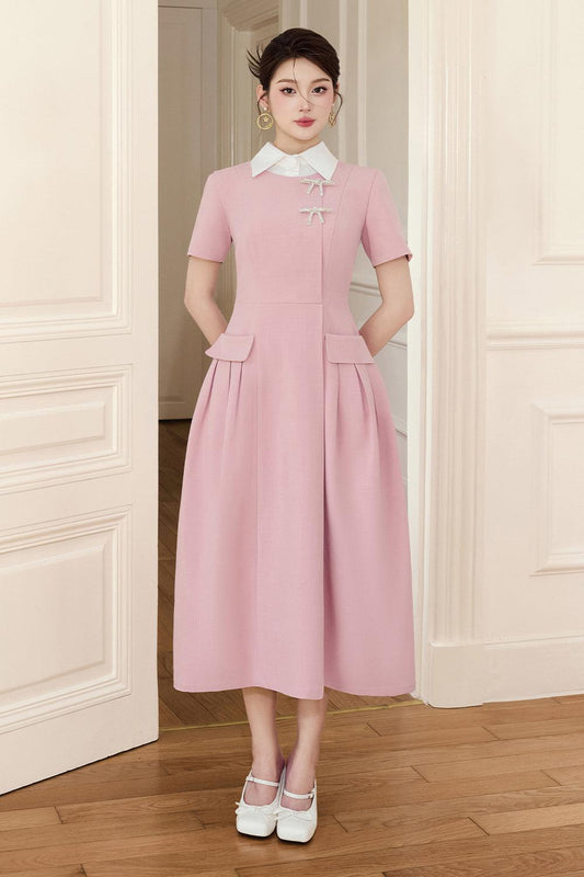 WH PLAN A-line Collared Neck Linen Cotton ruched pleat Midi Dress - Aimi