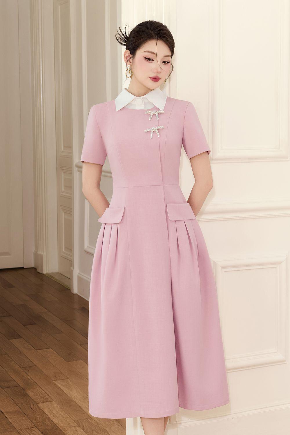 WH PLAN A-line Collared Neck Linen Cotton ruched pleat Midi Dress - Aimi